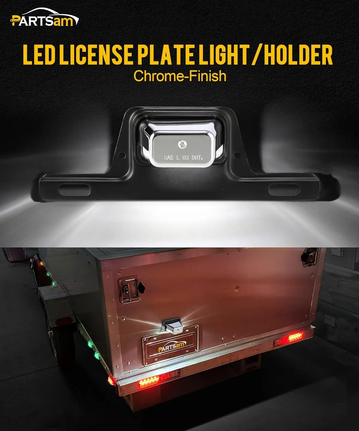 Partsam LED License Plate Light Chrome Waterproof 12V DC License Tag Light with Holder Drainage Hole Steel Bracket Mount ABS Housing AS Lens for Trailer Truck Pickup UTV ATV RV Boat 12V DOT Compliant