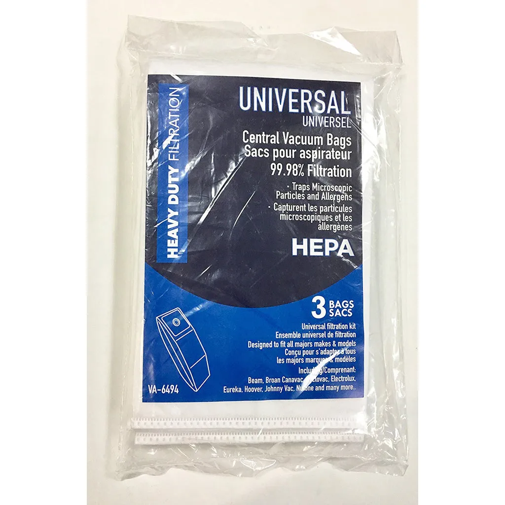 Performance HEPA Filtration Bags For Central Vacuum - Universal Fit - 3 Pack