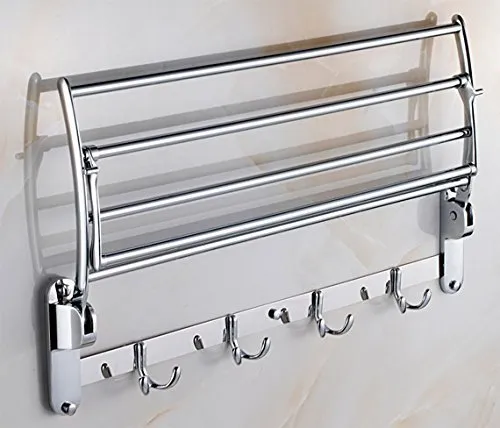 Planet Platinum Stainless Steel Folding Towel Rack with Free Hook Rail/Cloth Hanger/Wall Door Hooks Rail for Hanging Clothes/Towel Stand/Hanger/Bathroom Accessories (Silver)