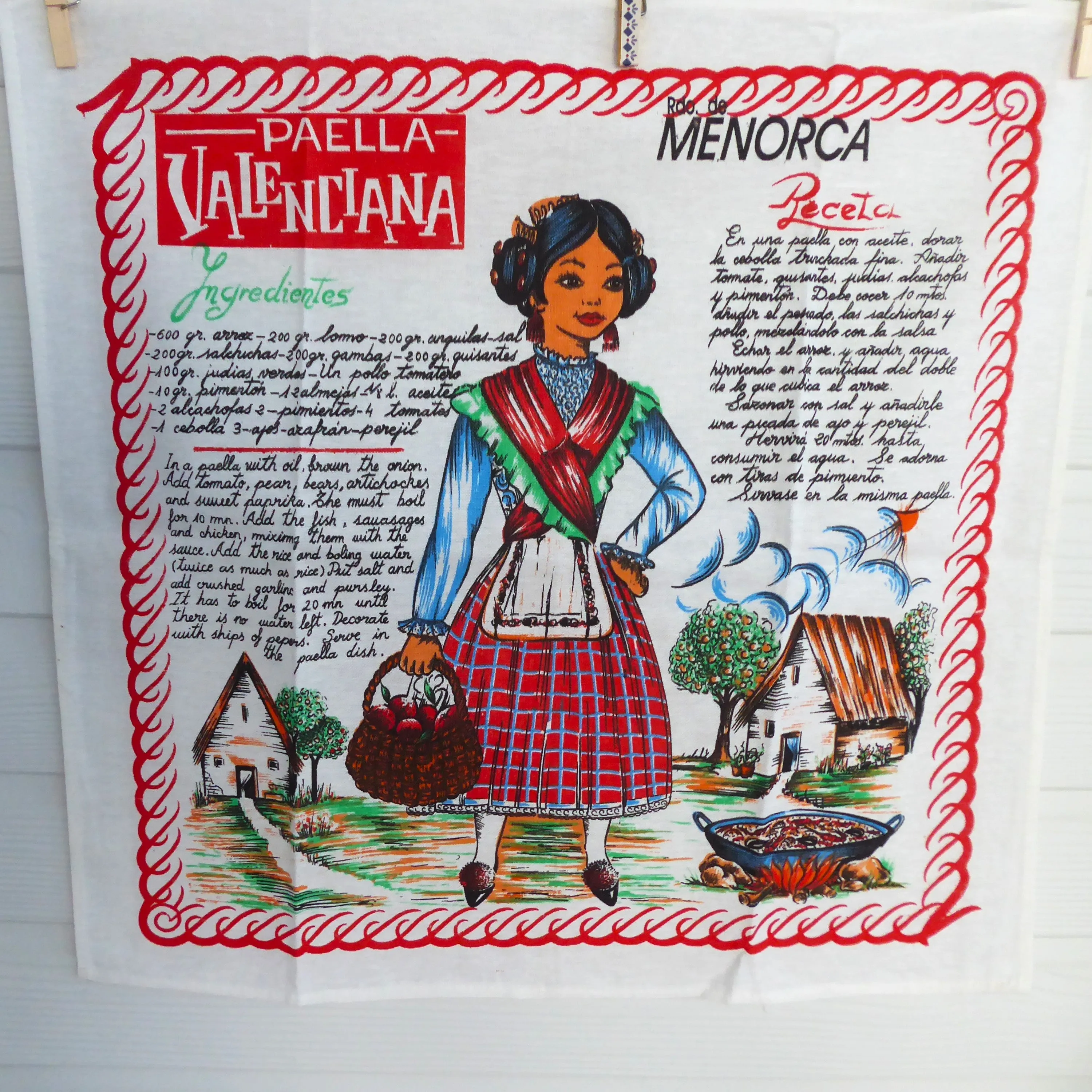 Recipe Tea Towel Spanish Paella Dish Towel 1980s Spanish English Souvenir