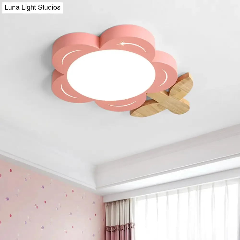 Red Floral Ceiling LED Nursery Light Fixture with Wood Décor - Kids' Flush Mount Lighting