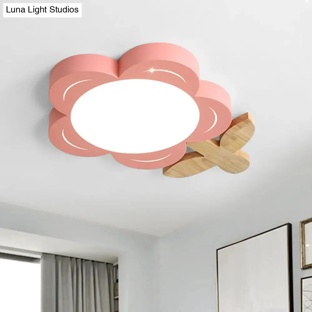 Red Floral Ceiling LED Nursery Light Fixture with Wood Décor - Kids' Flush Mount Lighting