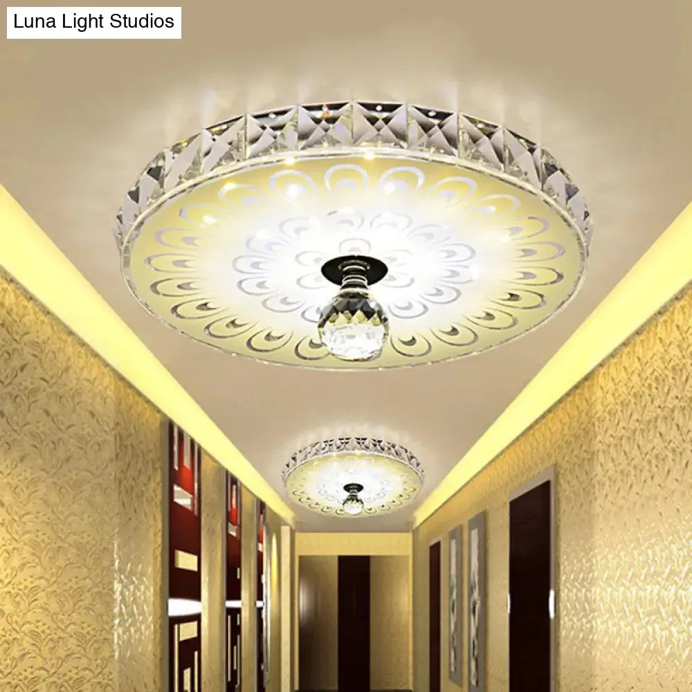 Round Flush Mount LED Crystal Ceiling Light in White with Peacock Tail Pattern - Warm/White Light