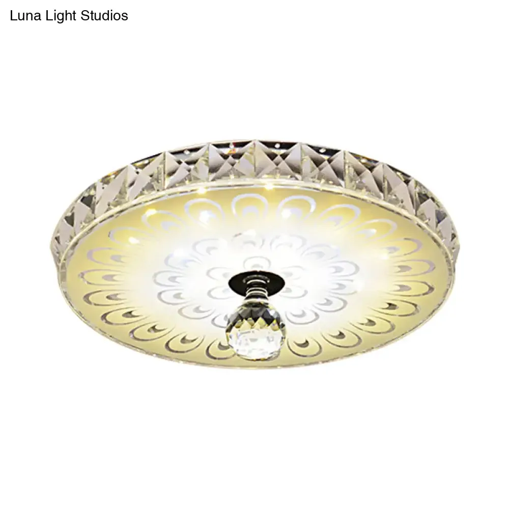 Round Flush Mount LED Crystal Ceiling Light in White with Peacock Tail Pattern - Warm/White Light