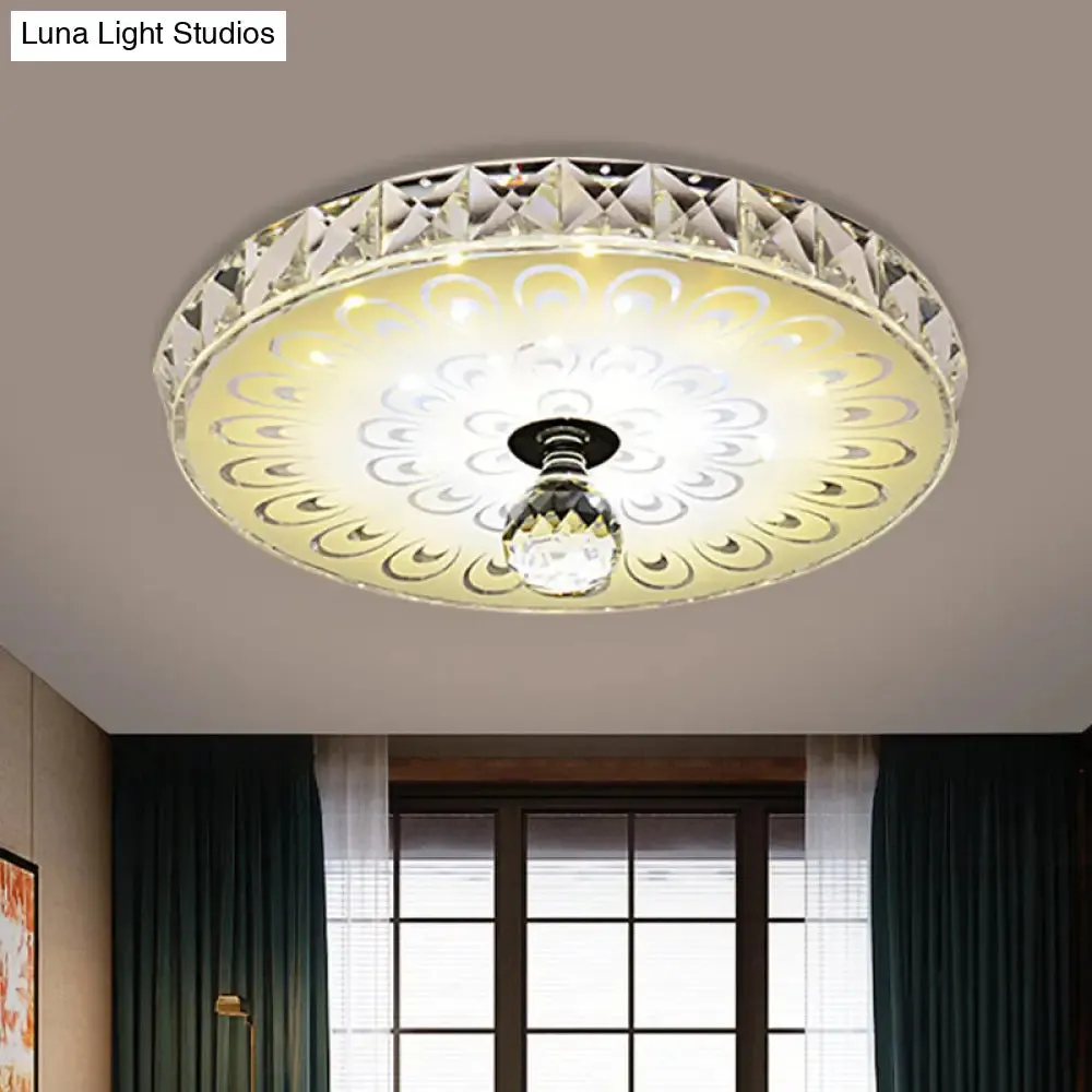 Round Flush Mount LED Crystal Ceiling Light in White with Peacock Tail Pattern - Warm/White Light