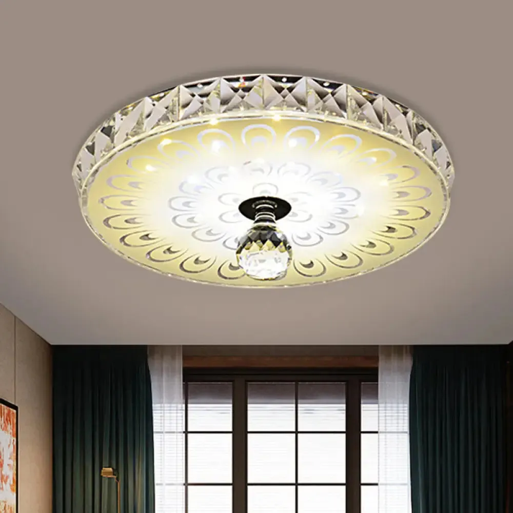 Round Flush Mount LED Crystal Ceiling Light in White with Peacock Tail Pattern - Warm/White Light