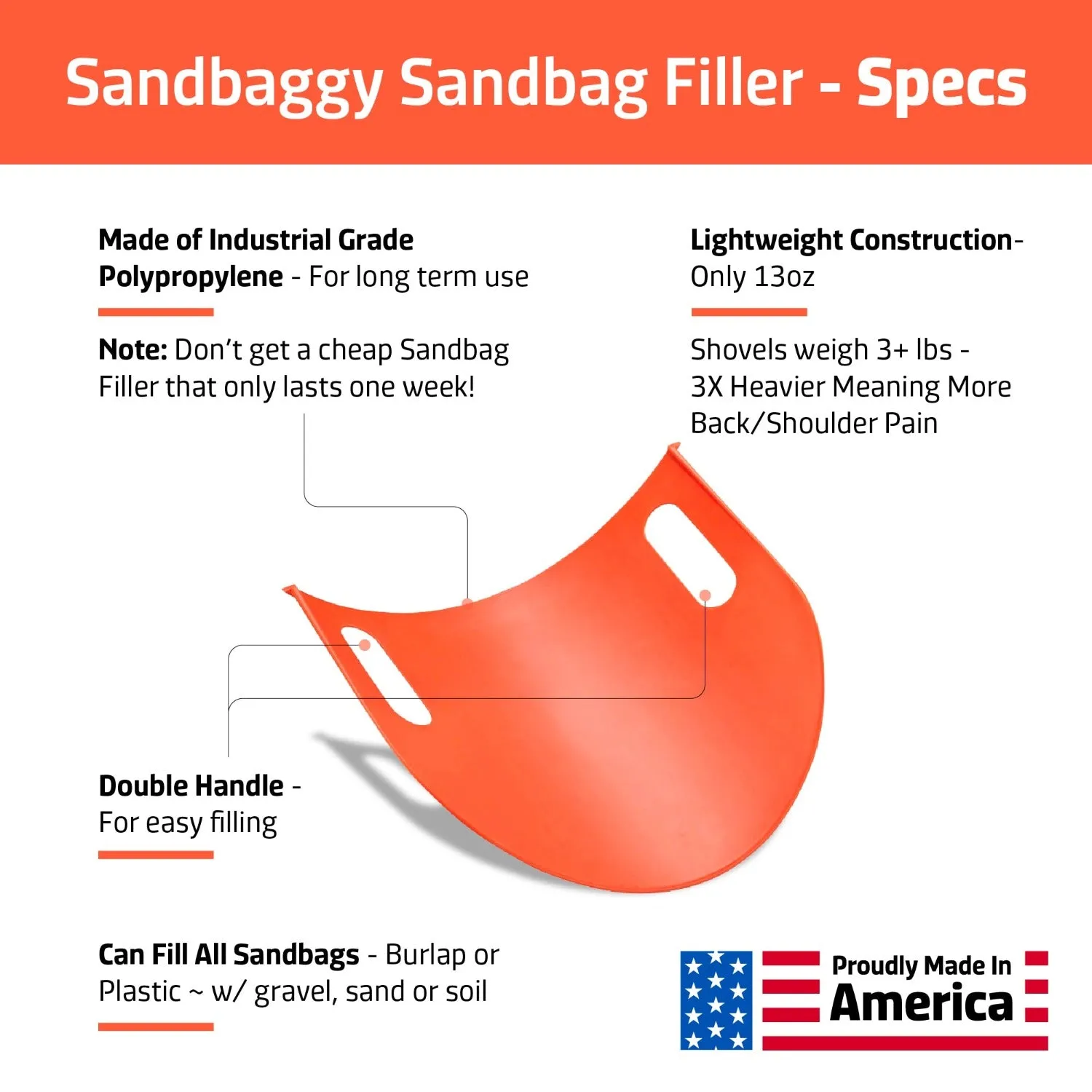 Sandbag Filler Tool - Flexible Plastic Shovel - Made in USA