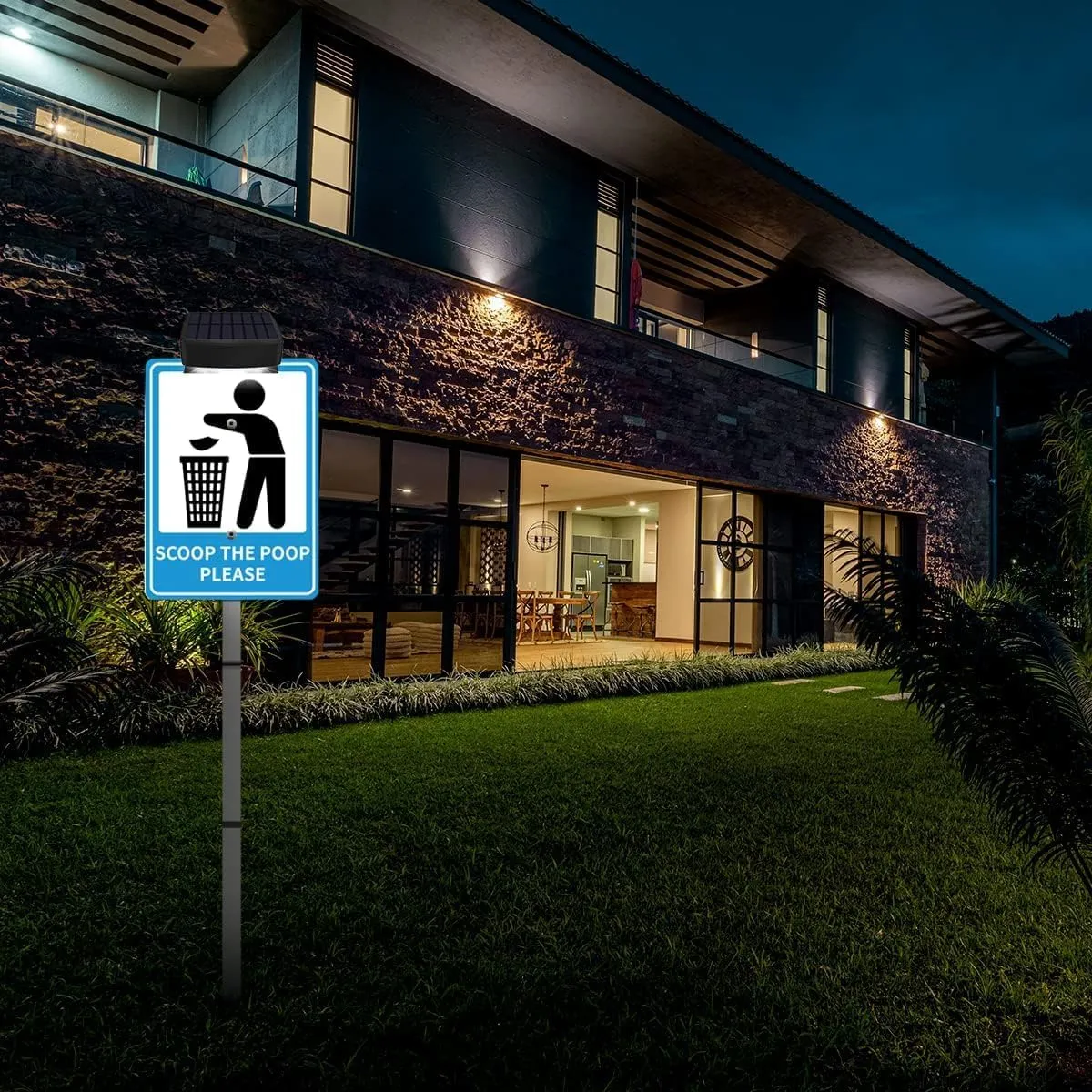 SCOOP THE POOP PLEASE Yard Warning Sign Solar Powered, Rechargeable LED Illuminated Aluminum Sign with Stake, Reflective Outside Sign Light Up For Houses