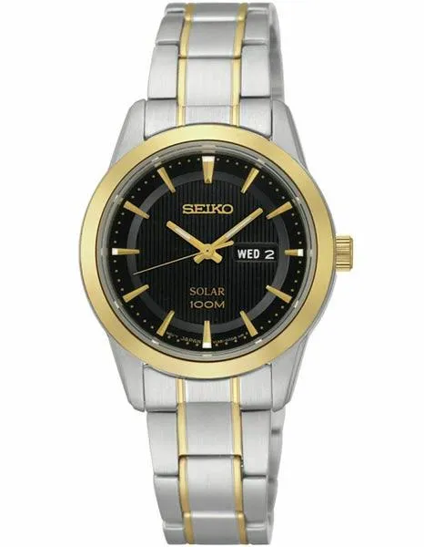 Seiko Solar Ladies Sporty Dress Watch - Two-Tone - Black Dial - Day/Date