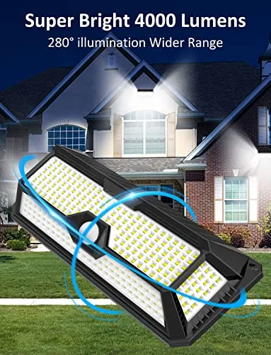 Solar Outdoor Lights - 4000Lm 268 LED Motion Sensor Lights Outdoor, IP65 Waterproof Led Security Lights Bright Solar Wireless Flood Wall Lights with 3 Optional Modes and 4 Wide Angle (2 Pack)