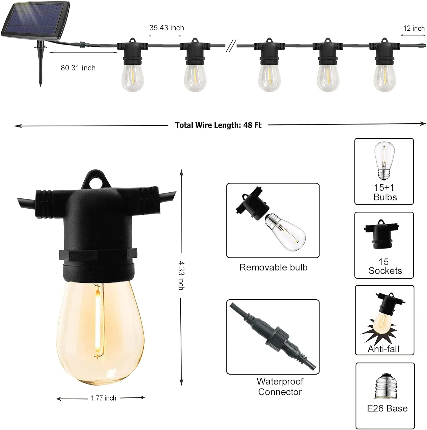 Solar String Lights Outdoor 48Ft LED String Lights with 16 Shatterproof Bulbs, USB Rechargeable Patio Lights with 4 Lighting Modes,Heavy Duty Waterproof Solar Powered String Lights