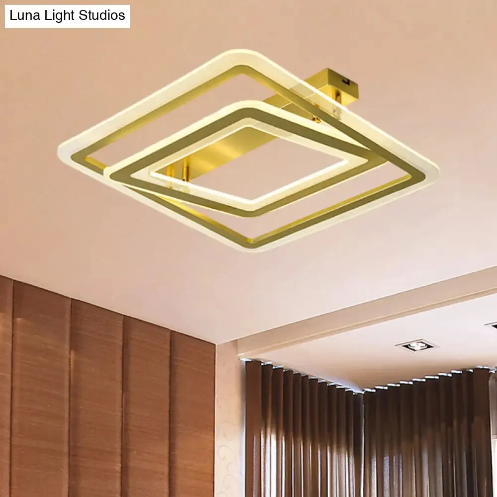 Square Frame Flush Mount Lamp, Simple Metal LED Bedroom Light in Gold - 16"/19.5