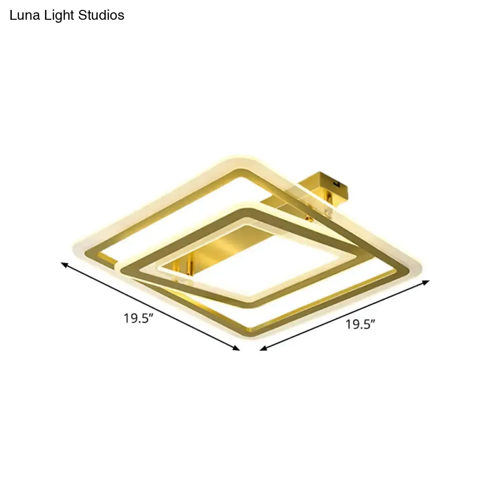 Square Frame Flush Mount Lamp, Simple Metal LED Bedroom Light in Gold - 16"/19.5