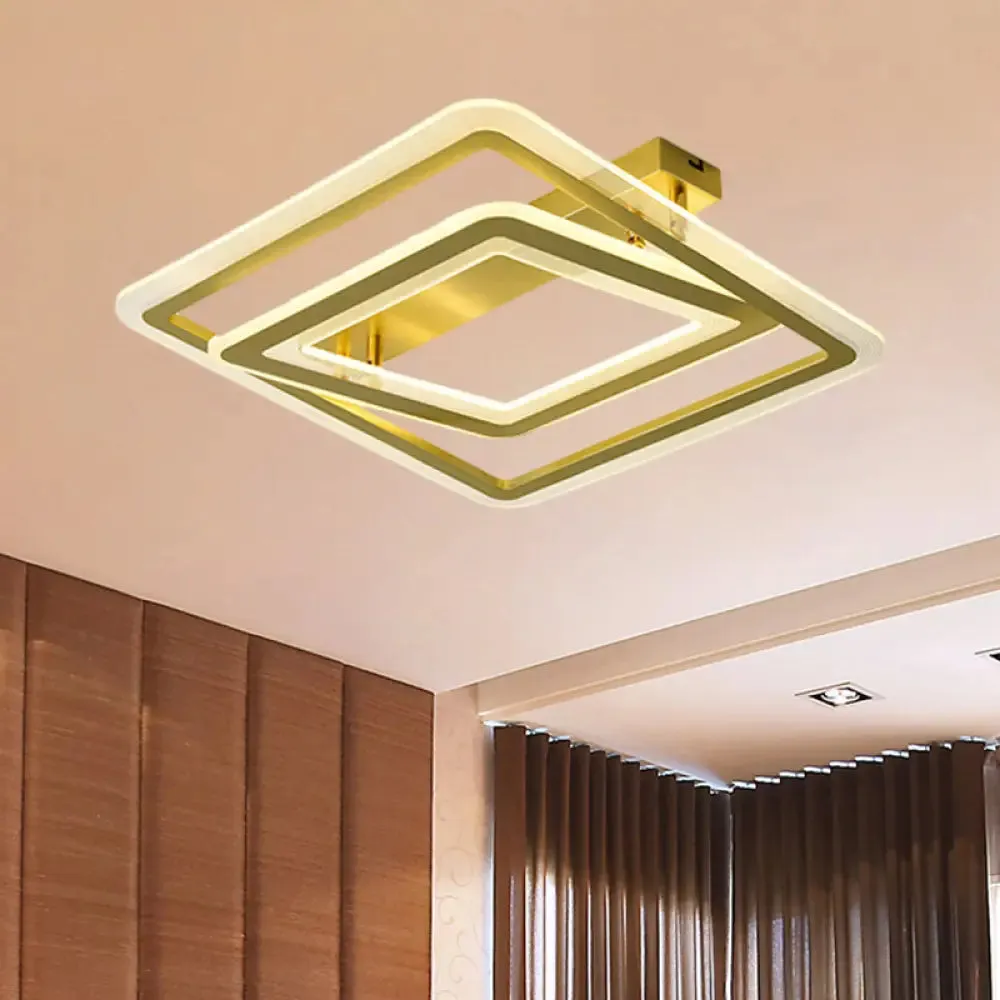 Square Frame Flush Mount Lamp, Simple Metal LED Bedroom Light in Gold - 16"/19.5