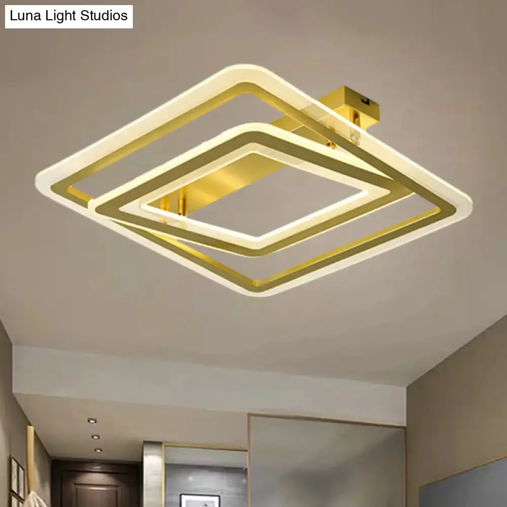 Square Frame Flush Mount Lamp, Simple Metal LED Bedroom Light in Gold - 16"/19.5