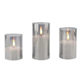 Stonebriar 3 Pack Real Wax Assorted Size Flameless LED Pillar Candles in Silver Glass Hurricane Candle Holder with Remote and Timer (WS)