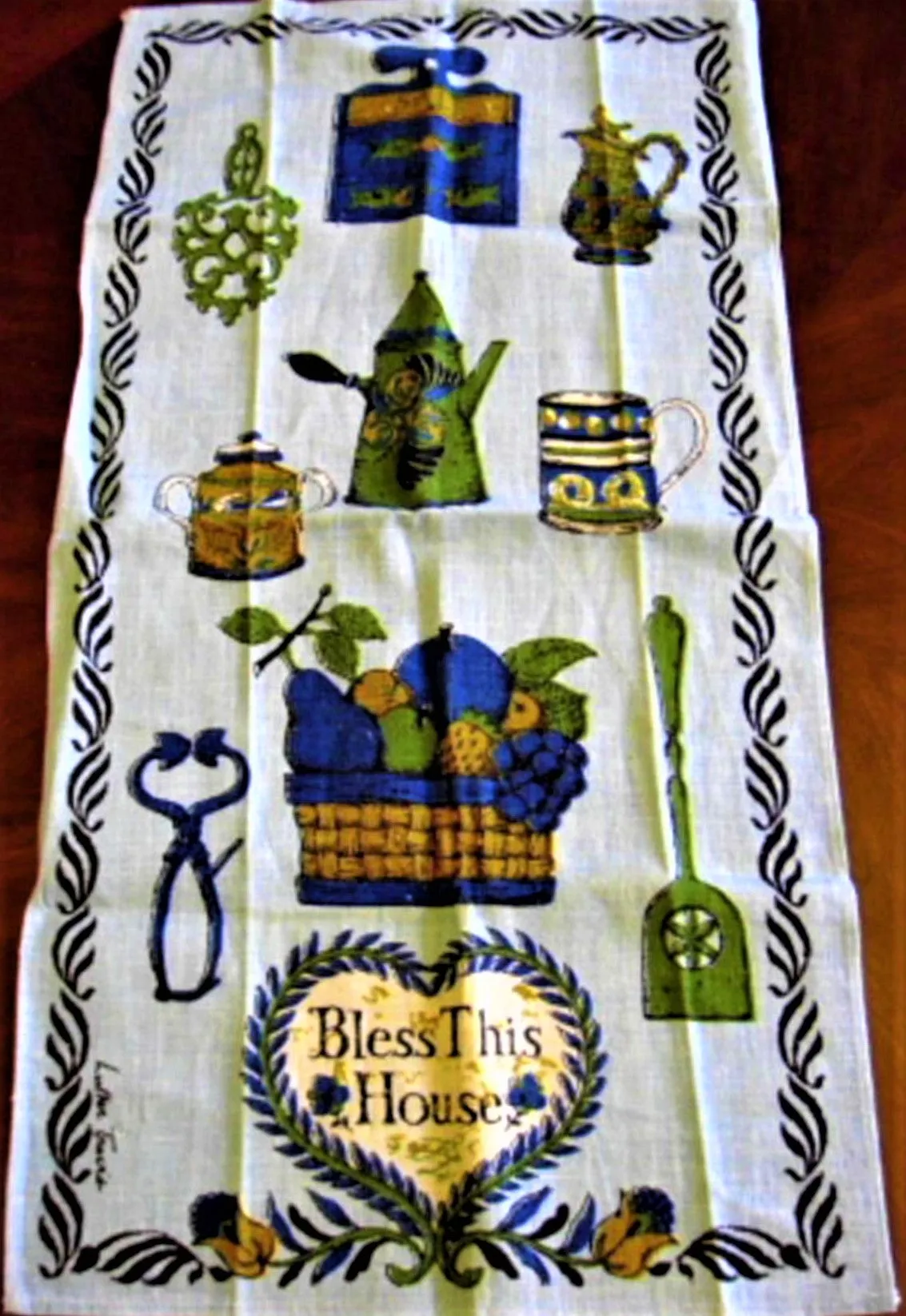 Tea Towel Retro Bless This House Colonial Kitchen Items 1950s Luther Travis Dish Towel