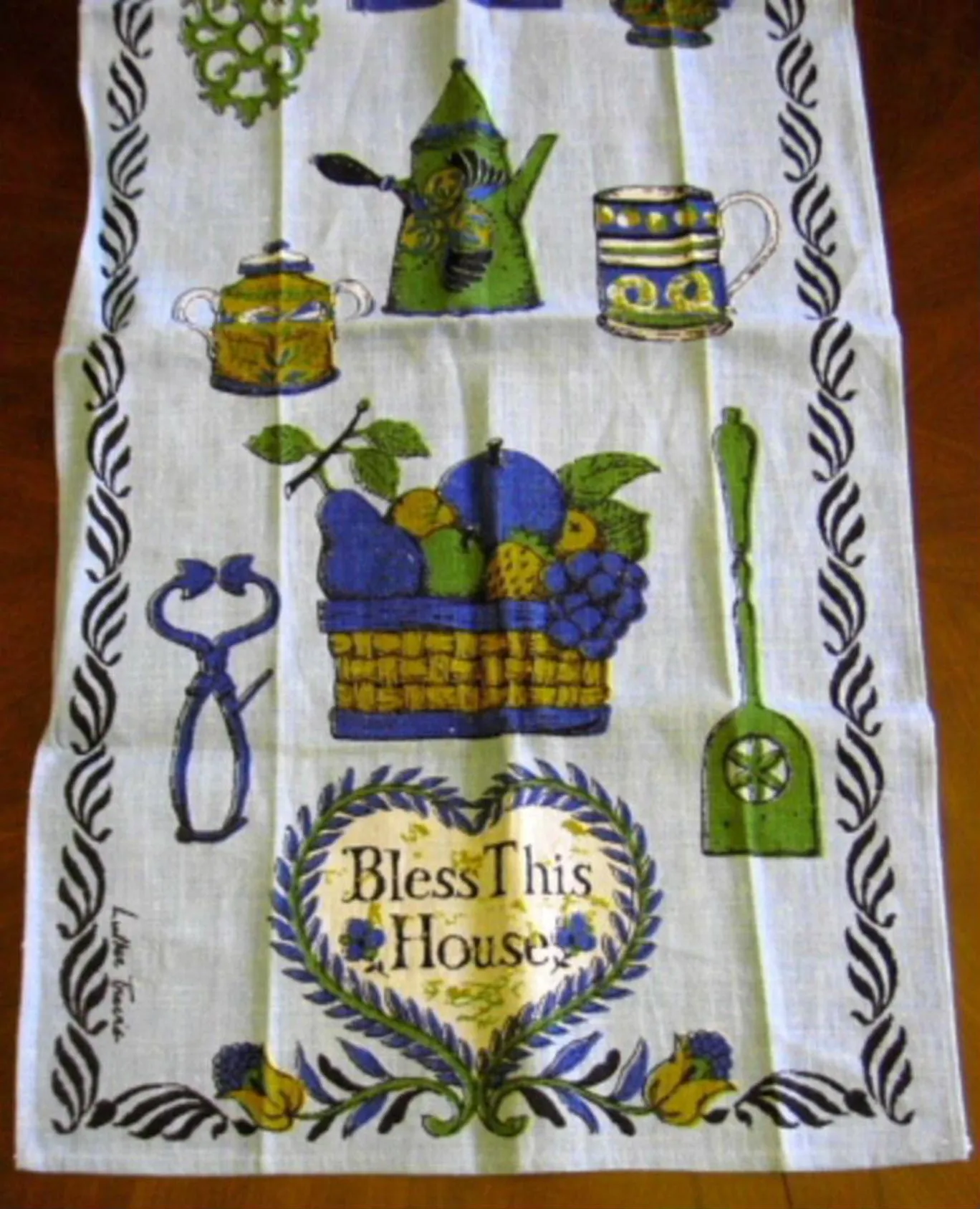 Tea Towel Retro Bless This House Colonial Kitchen Items 1950s Luther Travis Dish Towel