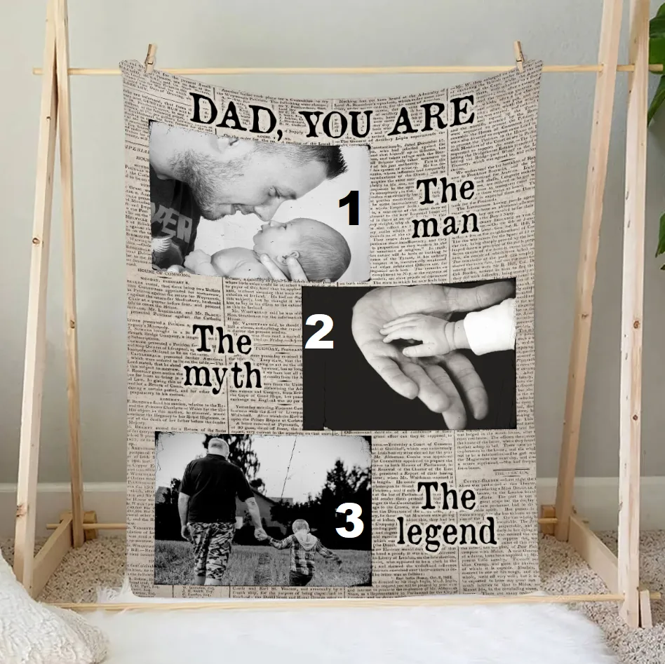 Teesdily | Custom Photo Father's Day Fleece Blanket, Dad You Are The Man The Myth The Legend, Dad Personalized Blanket Retro, Gift For Dad Granddad