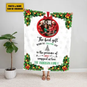 Teesdily | Family Christmas Custom Photo Blanket The Best Gift Is The Presence Of Family Wrapped In Love Sherpa Fleece Blanket Xmas Home Decoration