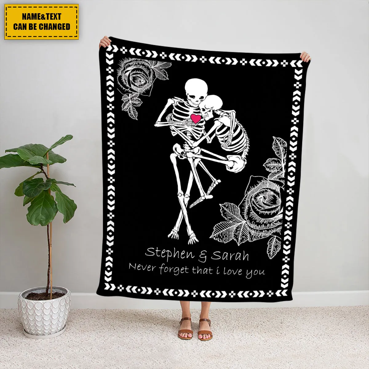 Teesdily | Skeleton Couple Rose Fleece Blanket Day Of The Dead Sherpa Blanket Never Forget That I Love You Throw Blanket Halloween Gifts Goth Style