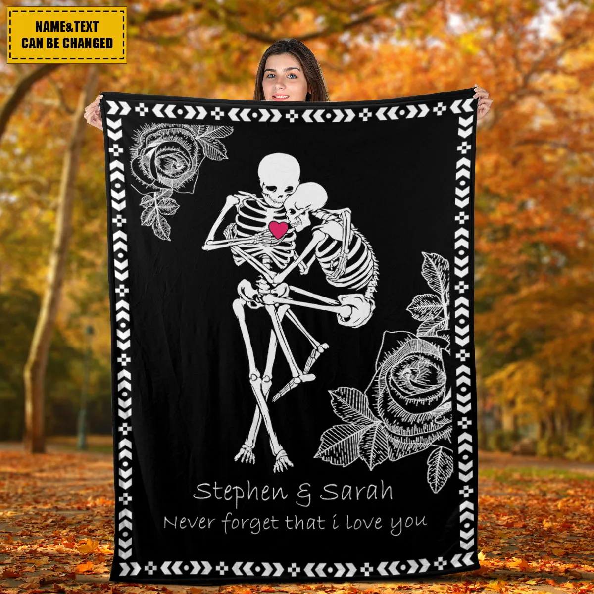 Teesdily | Skeleton Couple Rose Fleece Blanket Day Of The Dead Sherpa Blanket Never Forget That I Love You Throw Blanket Halloween Gifts Goth Style