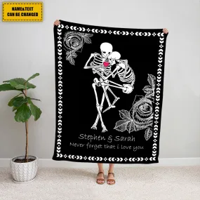 Teesdily | Skeleton Couple Rose Fleece Blanket Day Of The Dead Sherpa Blanket Never Forget That I Love You Throw Blanket Halloween Gifts Goth Style