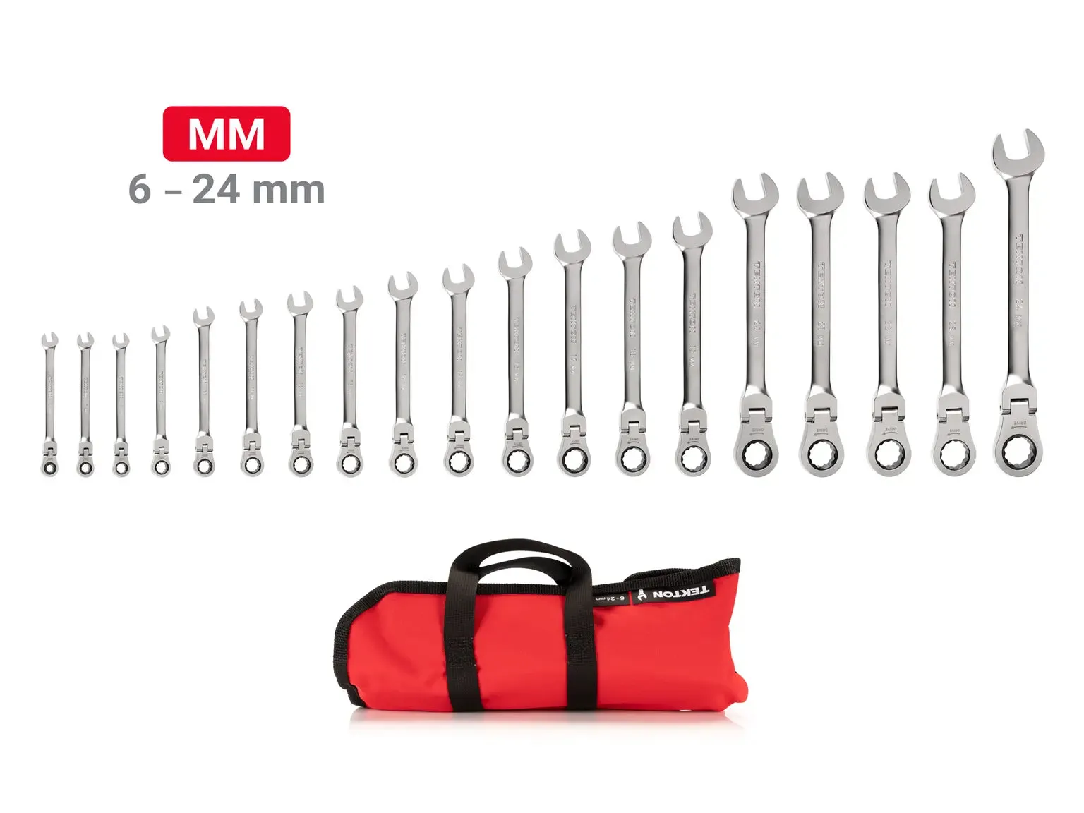 Tekton WRC95403 19 Pc Metric Flex Head 12-Pt Ratcheting Comb. Wrench Set w/ Pouch 6-24 mm